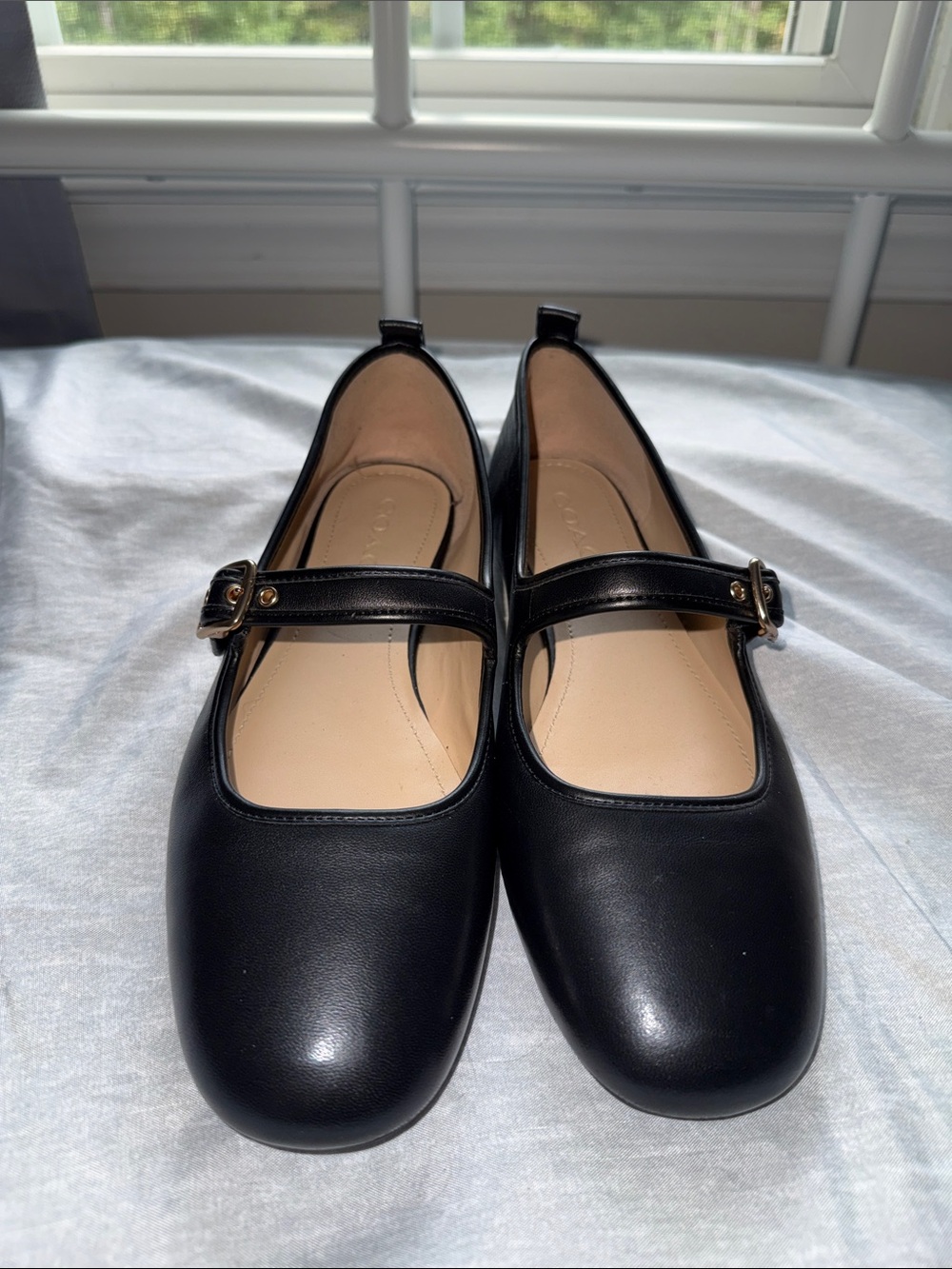 Coach Black Leather Mary Jane Flats with Gold Buckle Strap